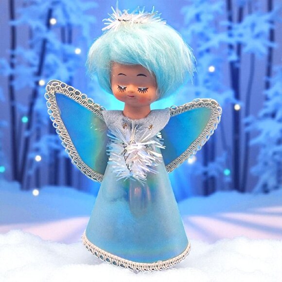 Vintage 1960s Blue Hair Angel Tree Topper Iridescent Gown Tinsel Halo Retro Xmas - Picture 2 of 12